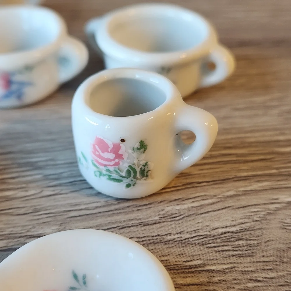 Vintage Porcelain Tea Set 17 Pieces And 1 Bonus Piece Blue Pink Miniatures